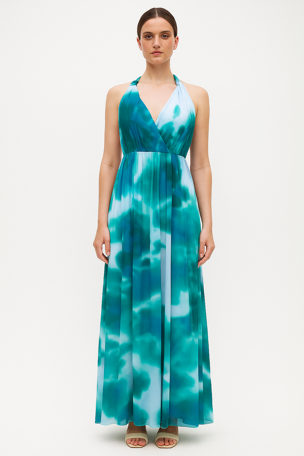 Watercolour Print Semi Sheer Chiffon Halterneck Empire Waist Flowy Long Dress