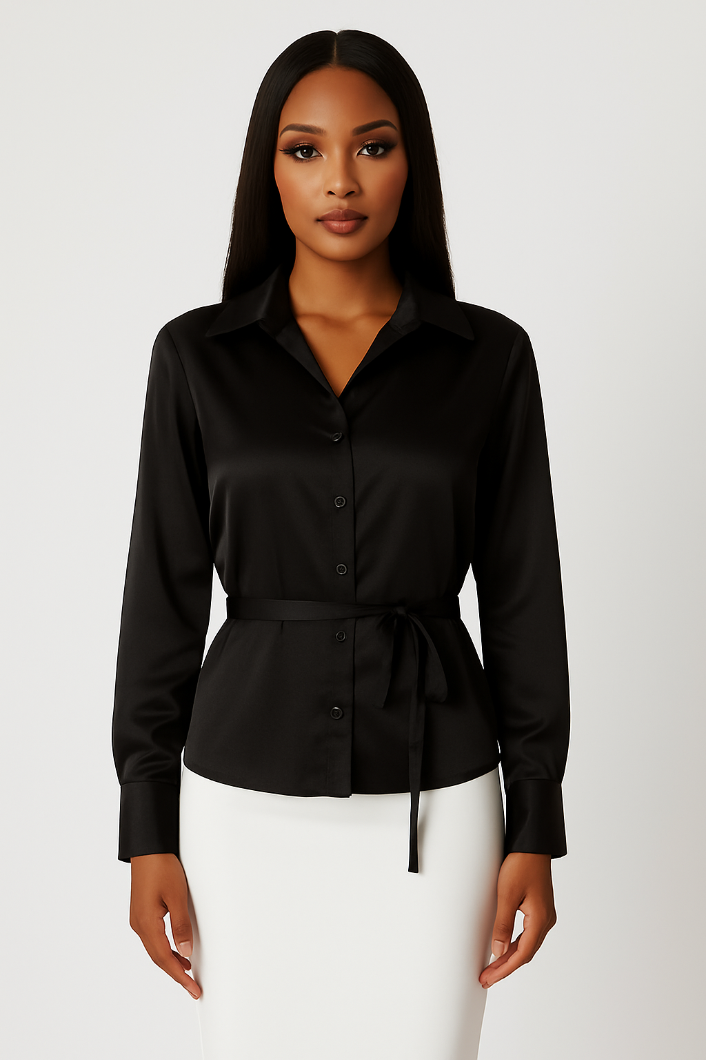 Satin Button Down Tie Waist Elegant Blouse