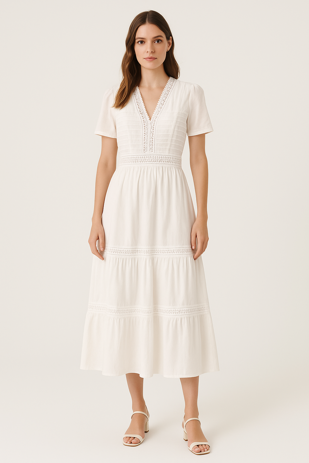 Flowy Embroidered Crochet Detail White Elegant Dress