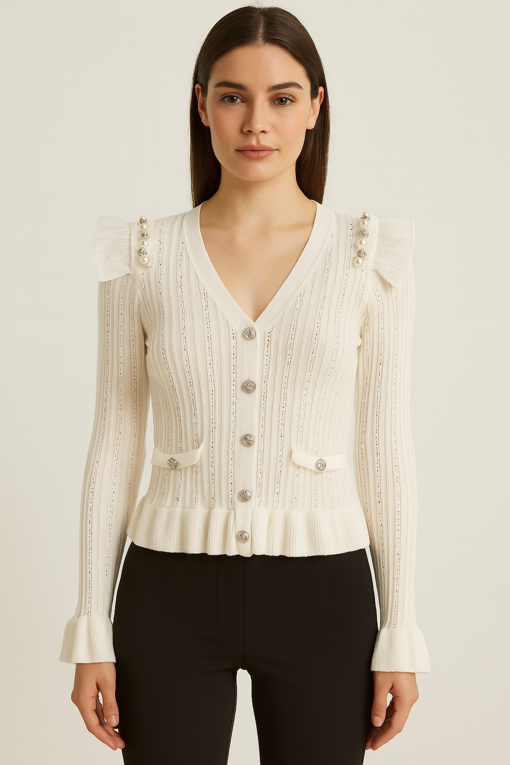 Button V-Neck Eyelet Knit Embellished Viscose Cardigan