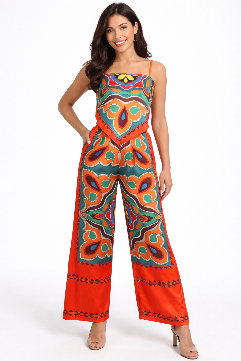 Paisley Print Wide Leg Trousers And Scarf Top Set