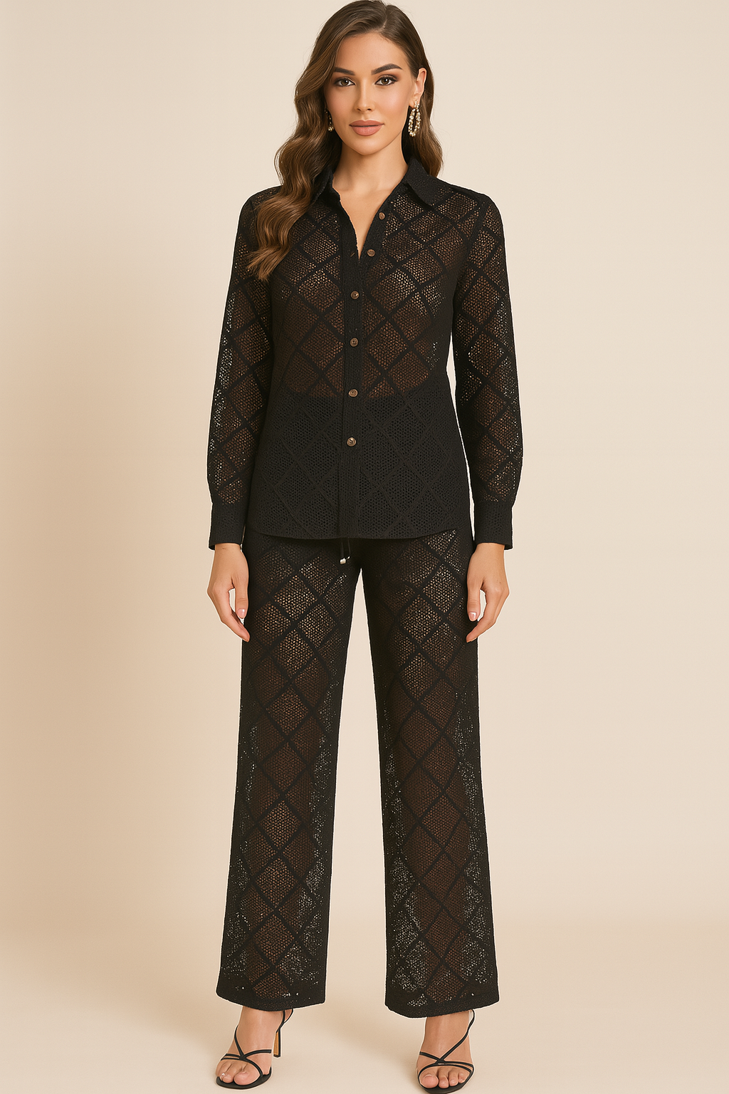 Wholesale Women's Diamond Sheer Embroidery Mesh Shirt And Trousers Coord Set (PACK OF 6)