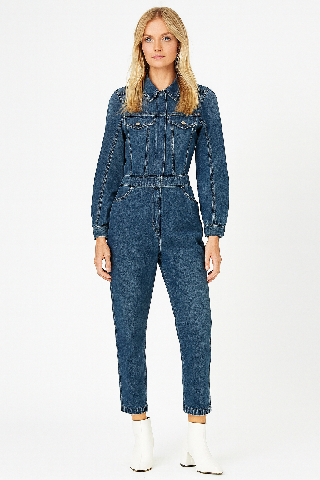 Zip Fastening Straight Pettite Leg Denim Jumpsuit
