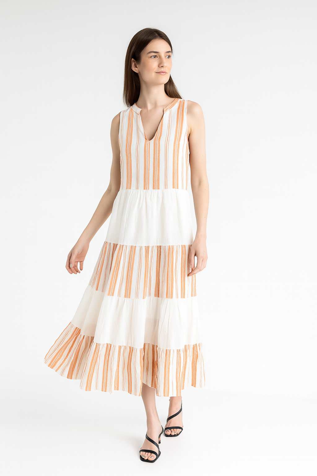 Lined Linen And Viscose Blend Tiered Maxi Sundress