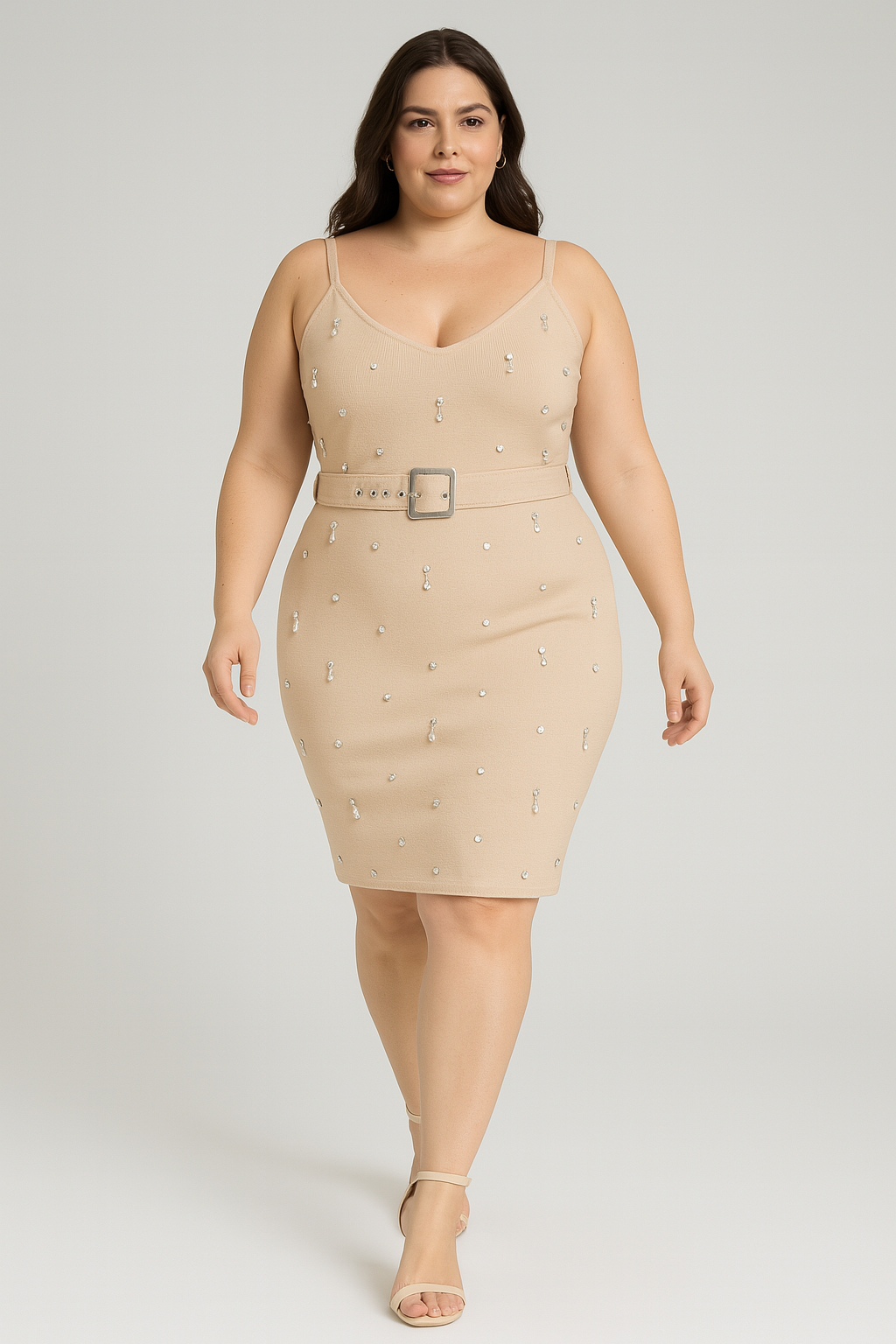 Adjustable Straps Pearl Beads Viscose Blend Knit Belted Midi Dress
