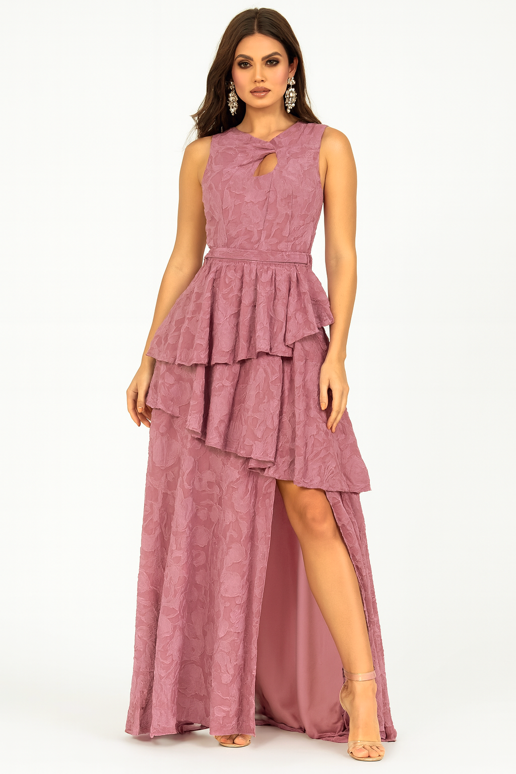 Crinkled Floral Jacquard Peplum Side Slit Floor Length Occasion Dress