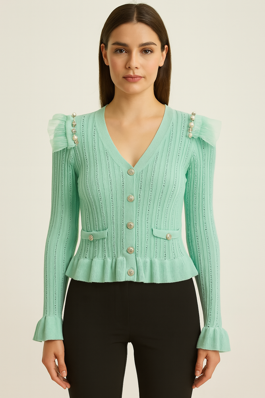 Button V-Neck Eyelet Knit Embellished Viscose Cardigan