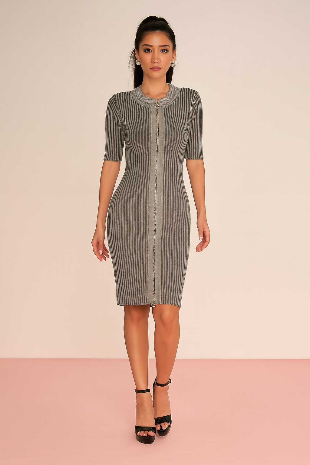 Melange Ribbed Viscose Blend Knit Midi Zip Bodycon Dress