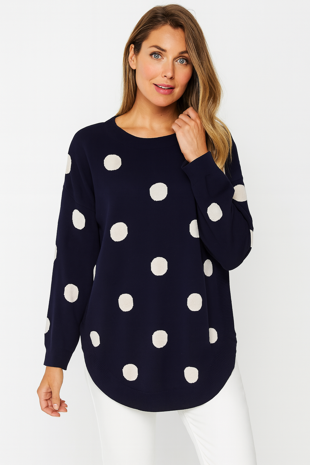 Navy White Polka Dot Curved Hem Pullover