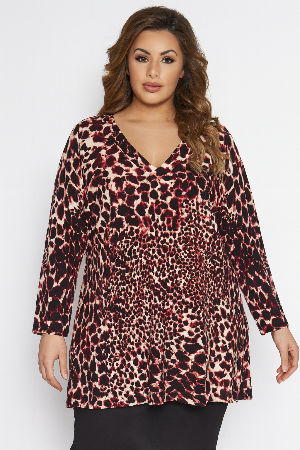 Plus Size V-Cut Neck Long Sleeve Lightweight Knitted Leopard Print Longline Jumper