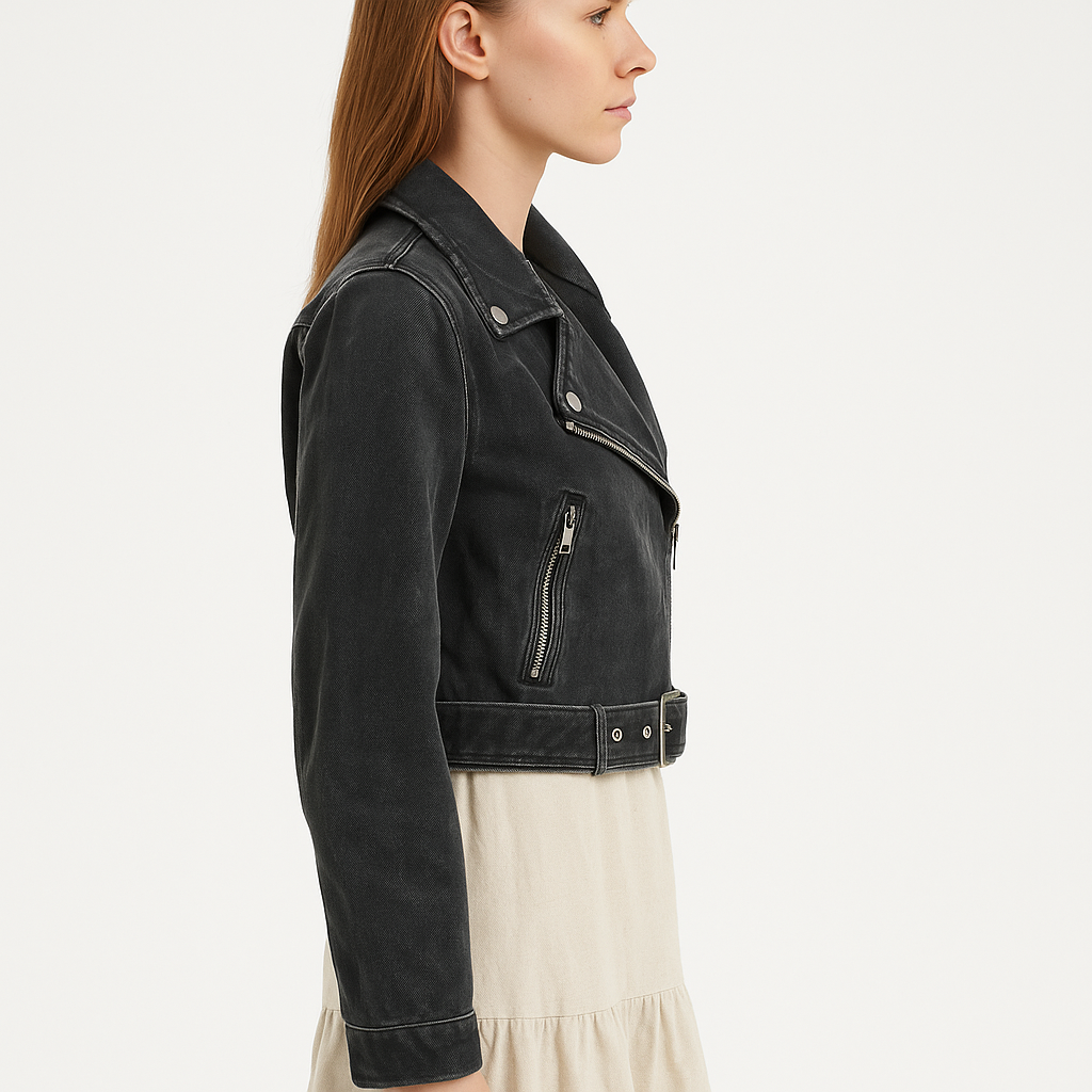 Faded Black Denim Cropped Biker Jacket