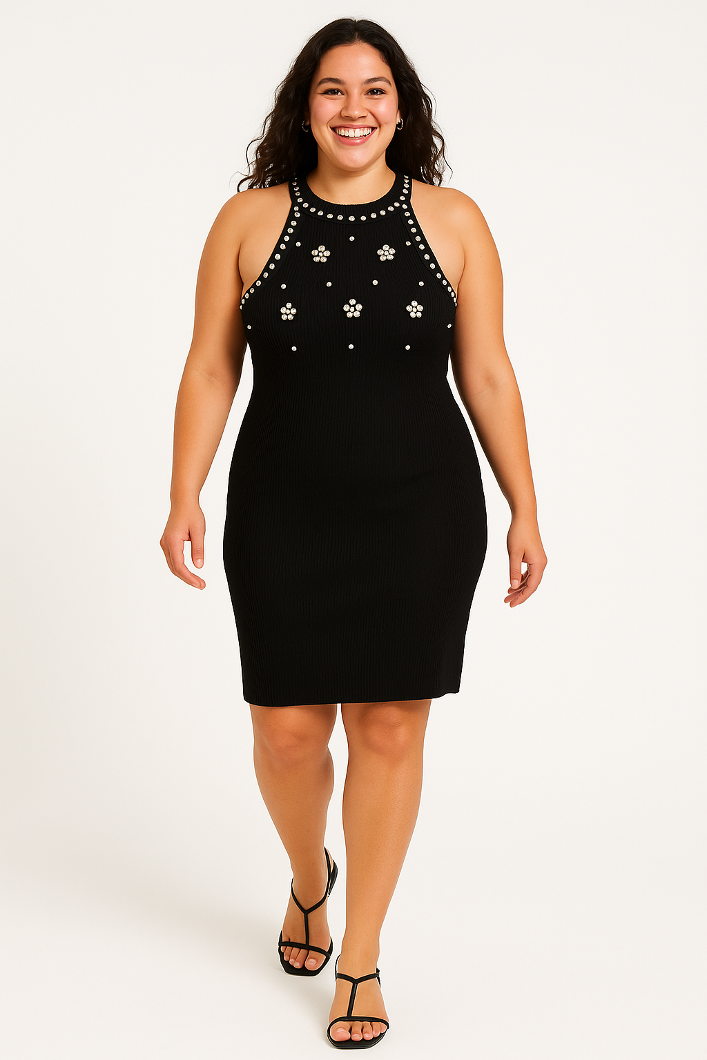 Sleeveless Embellished Ribbed Viscose Blend Knit Midi Dress