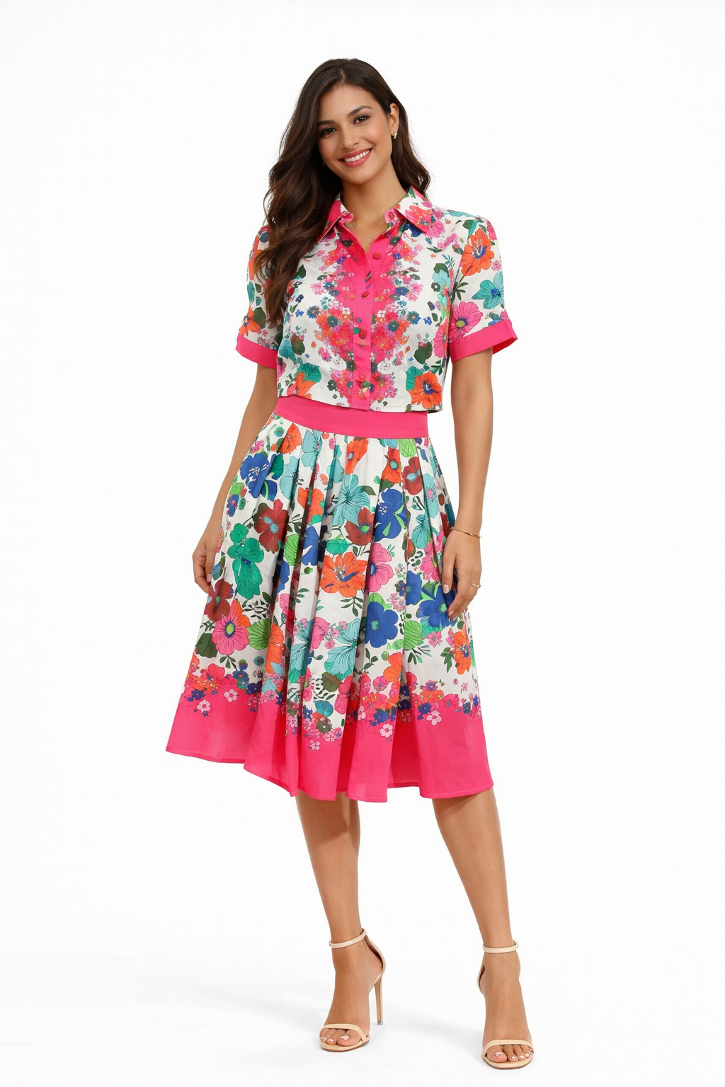 Floral Print Skater Knee Length Skirt And Blouse Coord Set