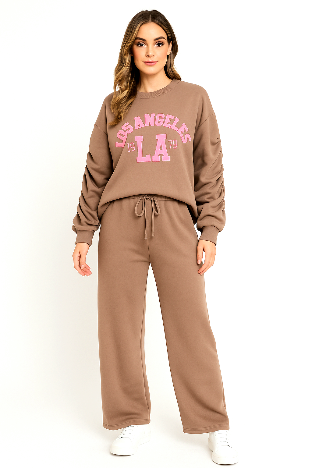 Slogan Ruched Sleeve Sweatshirt And Wide Leg Lounge Set