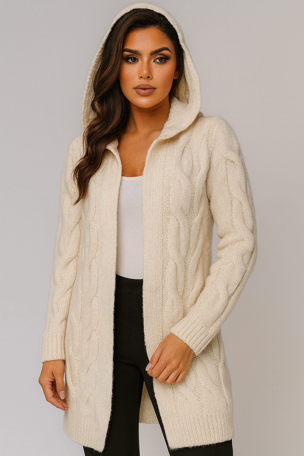 Chunky Cable Knit Hooded Longline Cardigan