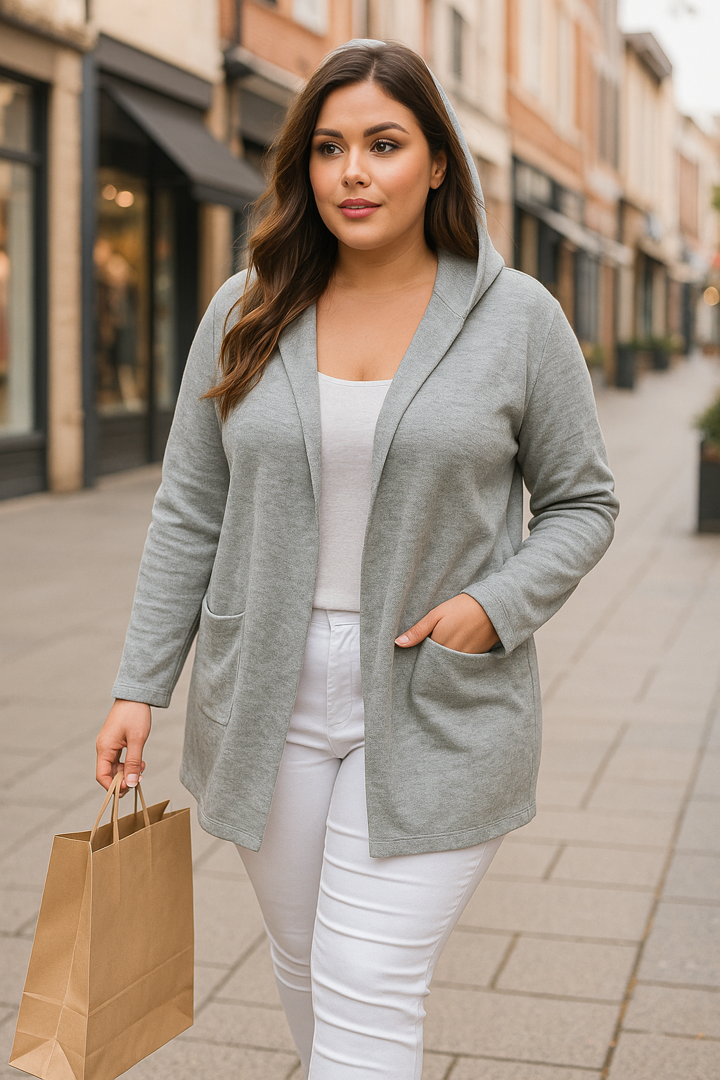Plus Size Knitted Longline Hooded Grey Cardigan
