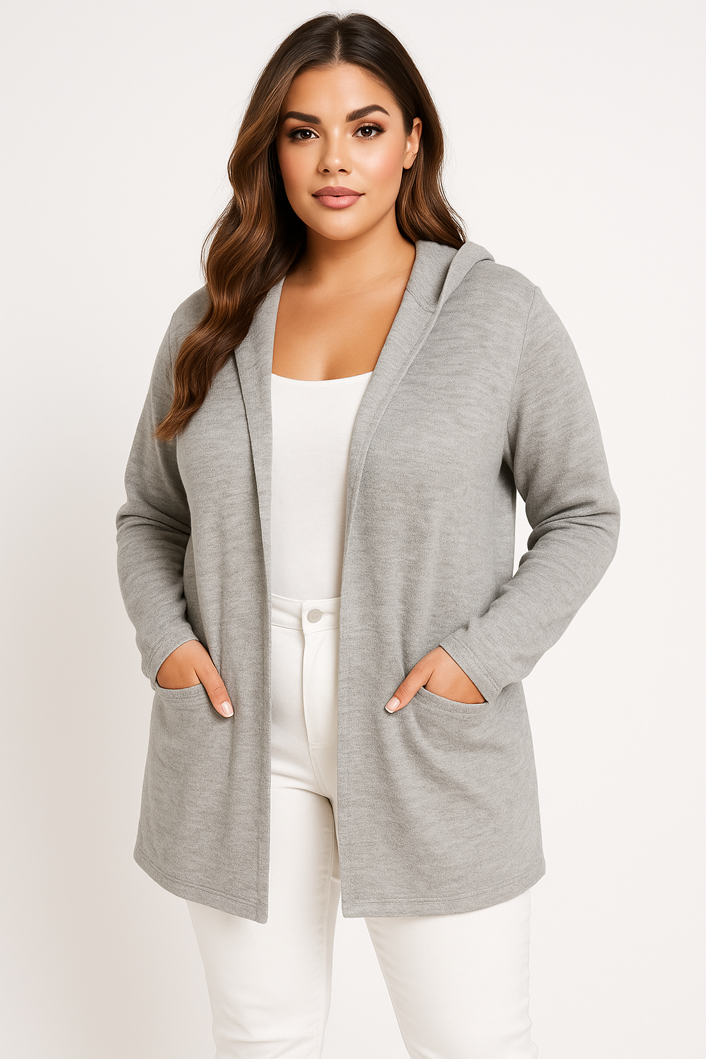 Plus Size Knitted Longline Hooded Grey Cardigan