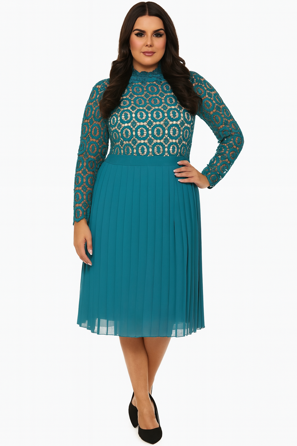 Lace Long Sleeve Pleated Elegant Midi Dress