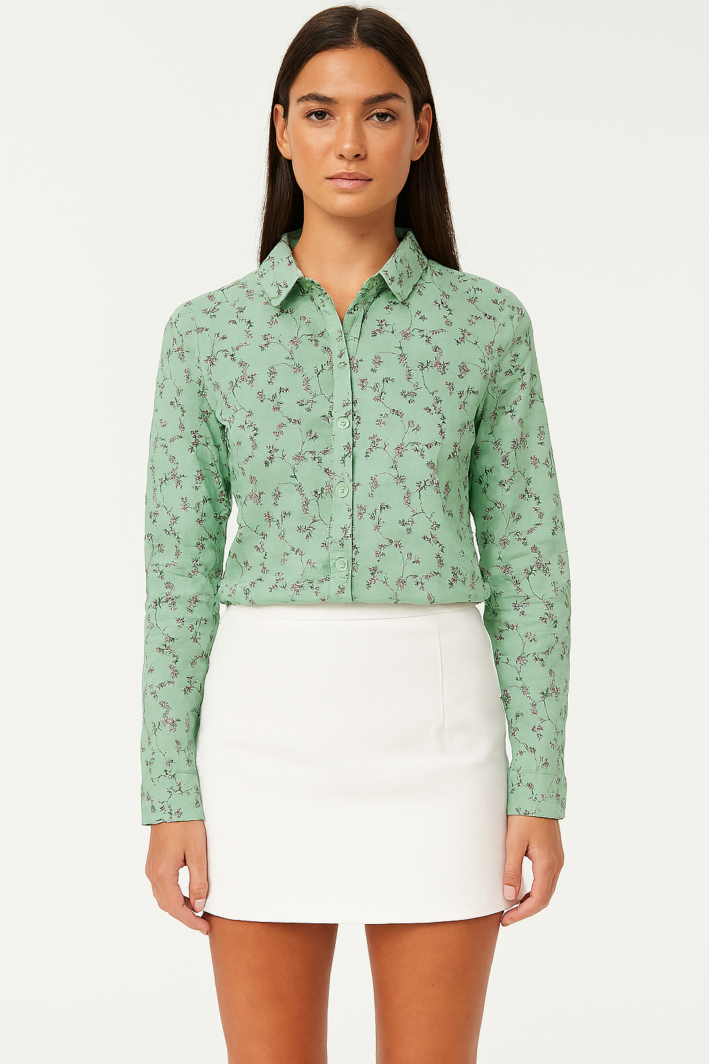 Flower Print Long Sleeve Cotton And Linen Blend Shirt