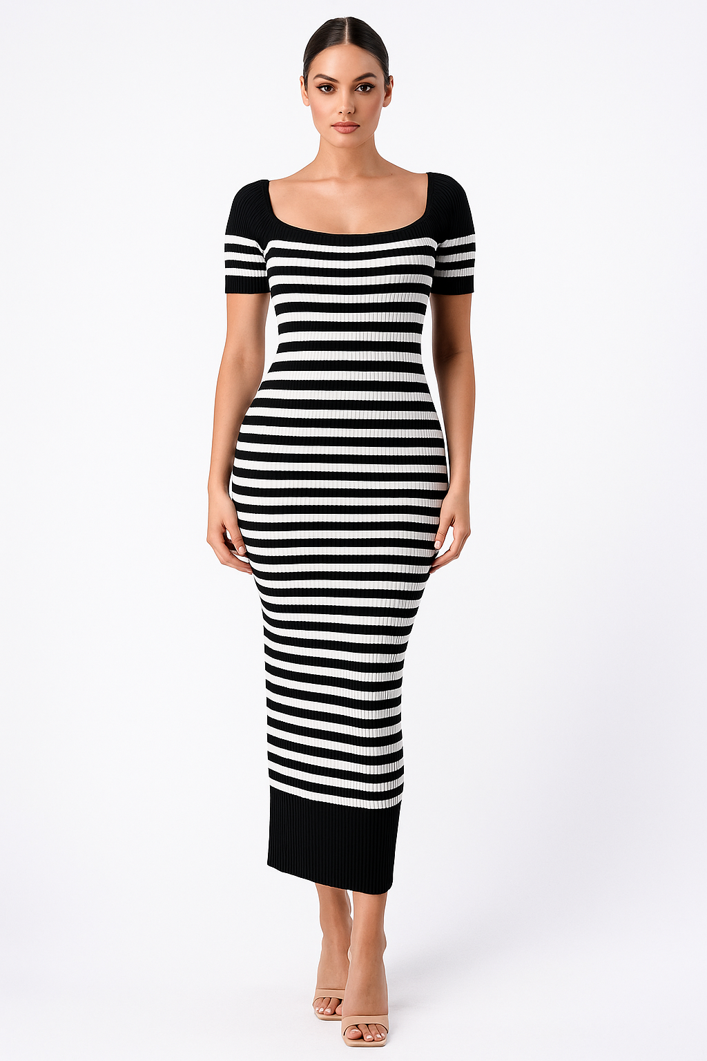 Square Neckline Ribbed Viscose Blend Knit Side Slit Midaxi Dress