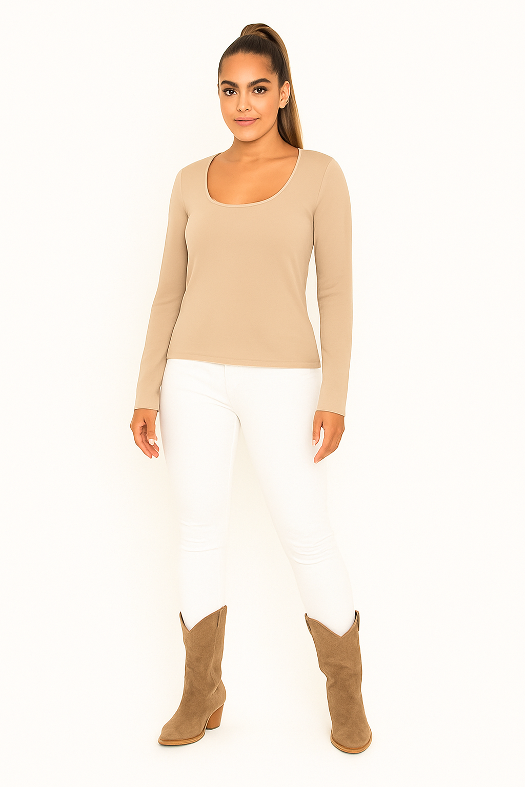 Scoop Neck Body Hugging Essential Long Sleeve Top