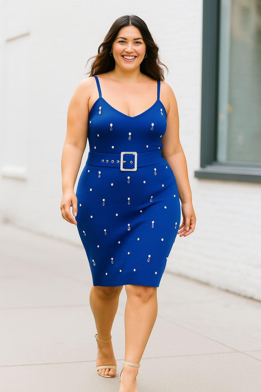 Wholesale Women's Adjustable Straps Pearl Beads Viscose Blend Knit Belted Midi Dress (PACK OF 6)