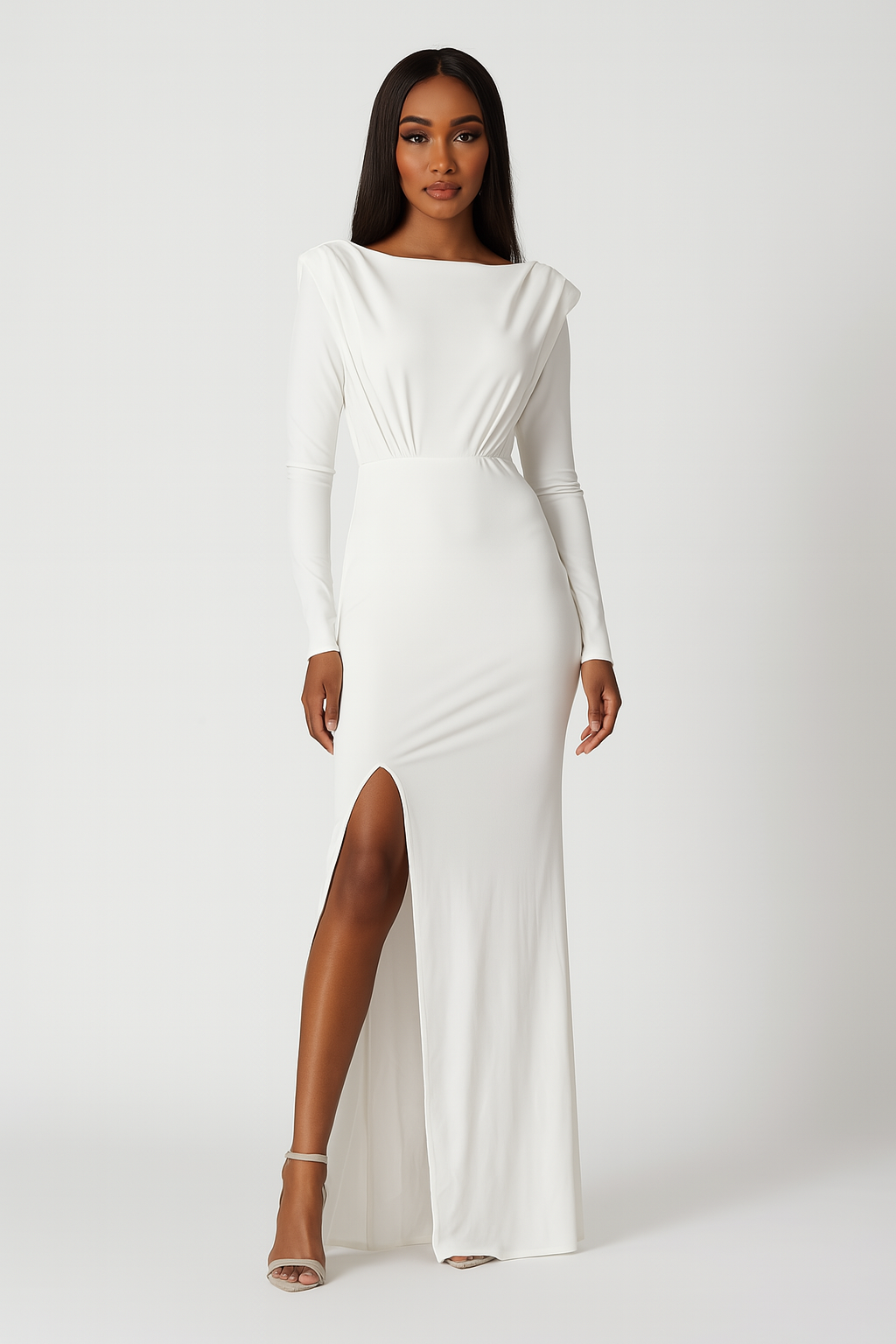 Thigh High Slit Padded Shoulder Tall Girlfriendly Glam Maxi Dress