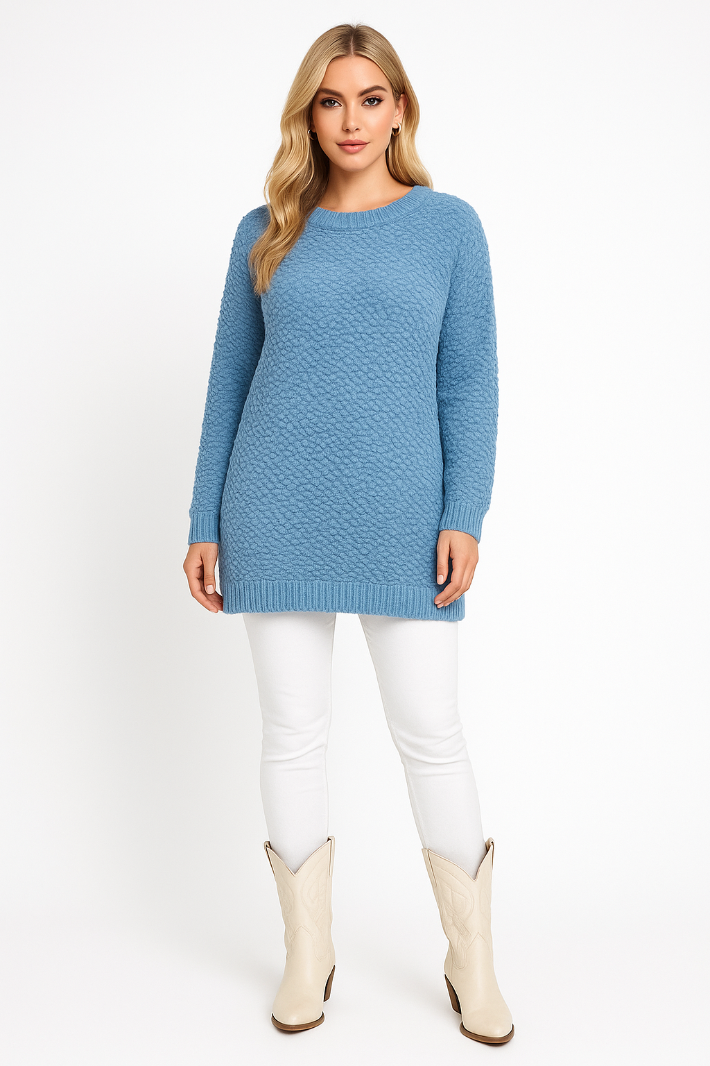 Blue Textured Boucle Soft Knit Pattern Jumper