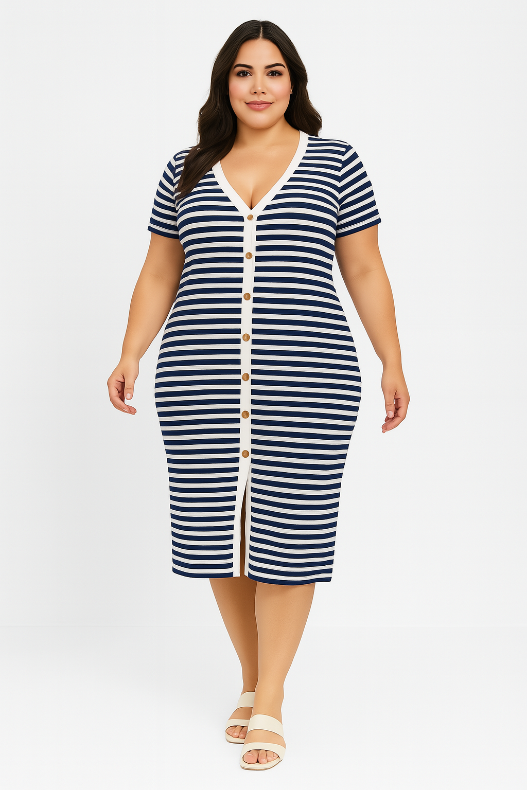 Extremely Stretchy Stripe Button Detail Midaxi Bodycon Dress
