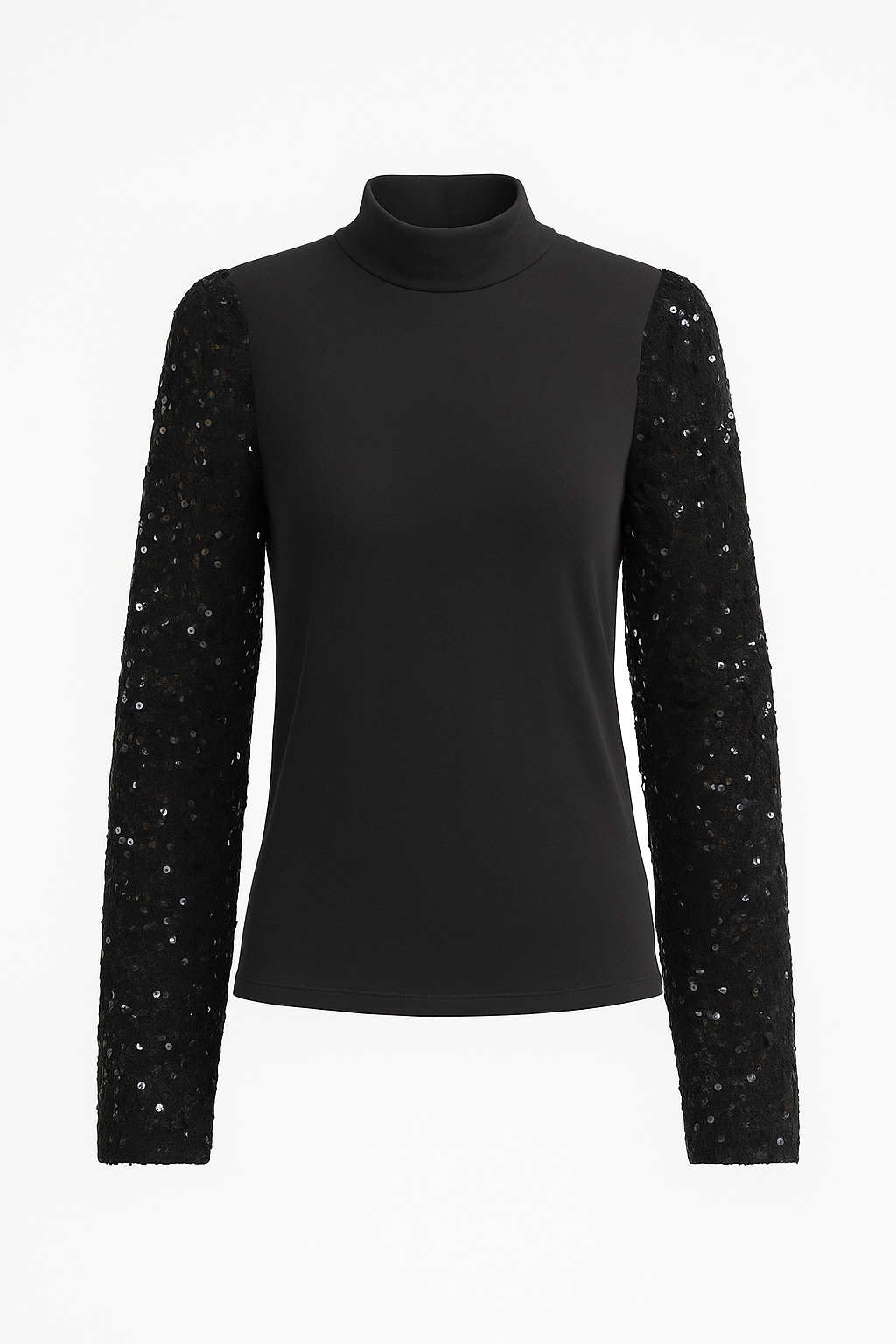 Lace Sequin Long Sleeve Mock Neck Black Glam Top