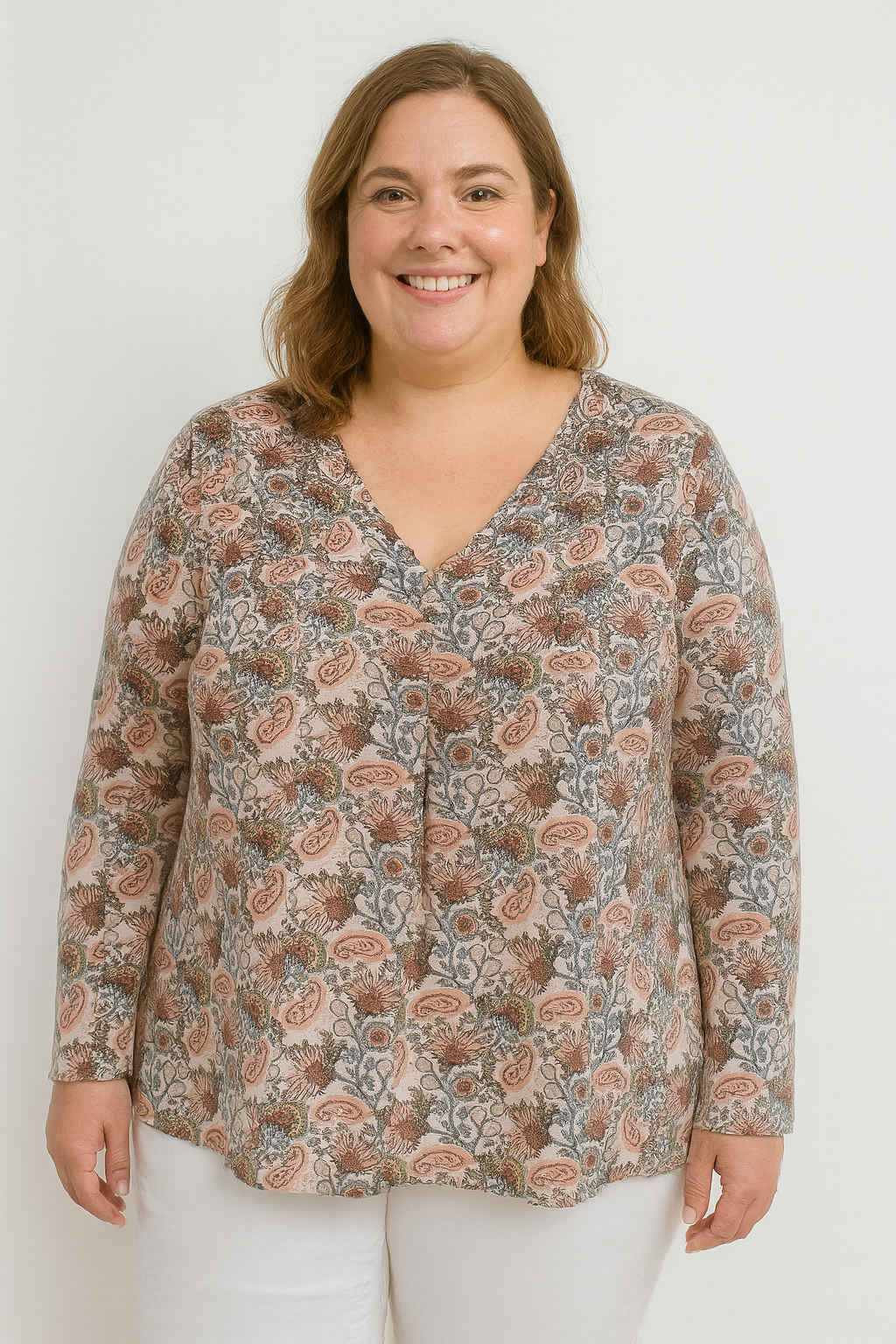 V-Cut Neck Long Sleeve Printed Top