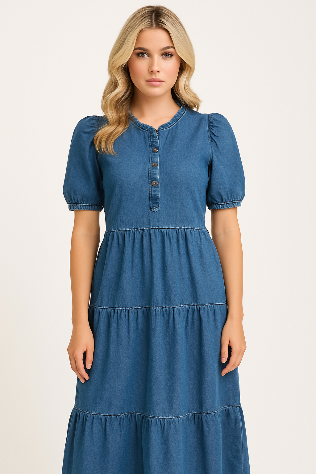Puff Sleeve Tiered Denim Midi Dress