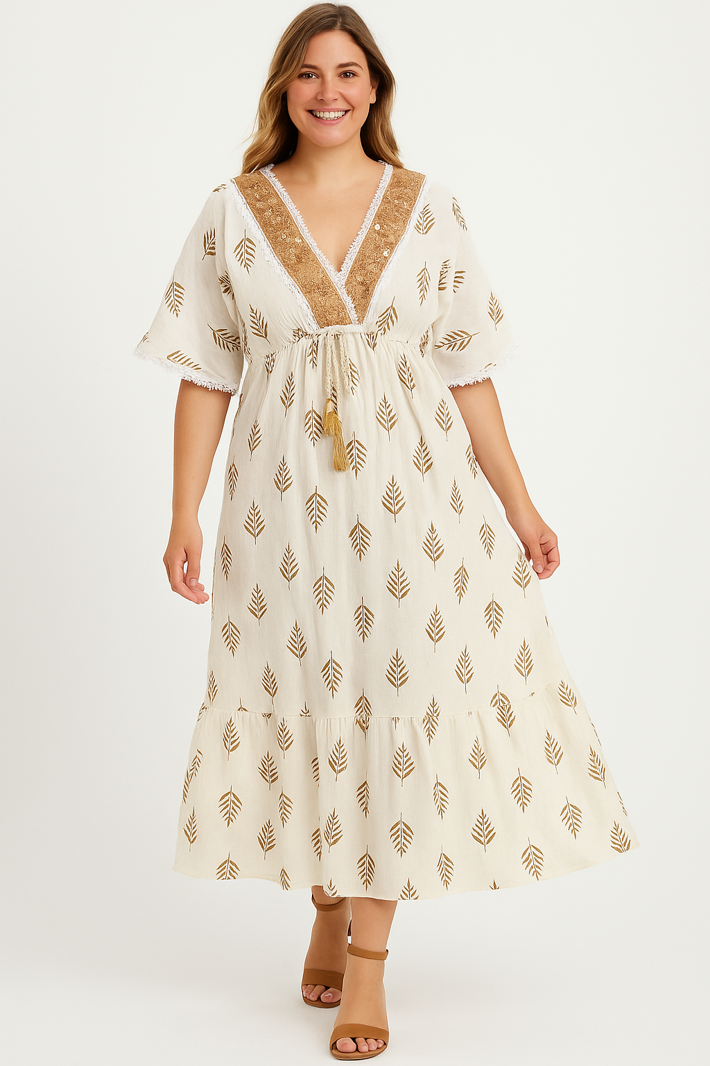 Boho V-Neck Sequin Embellished Kaftan Style Maxi Dress