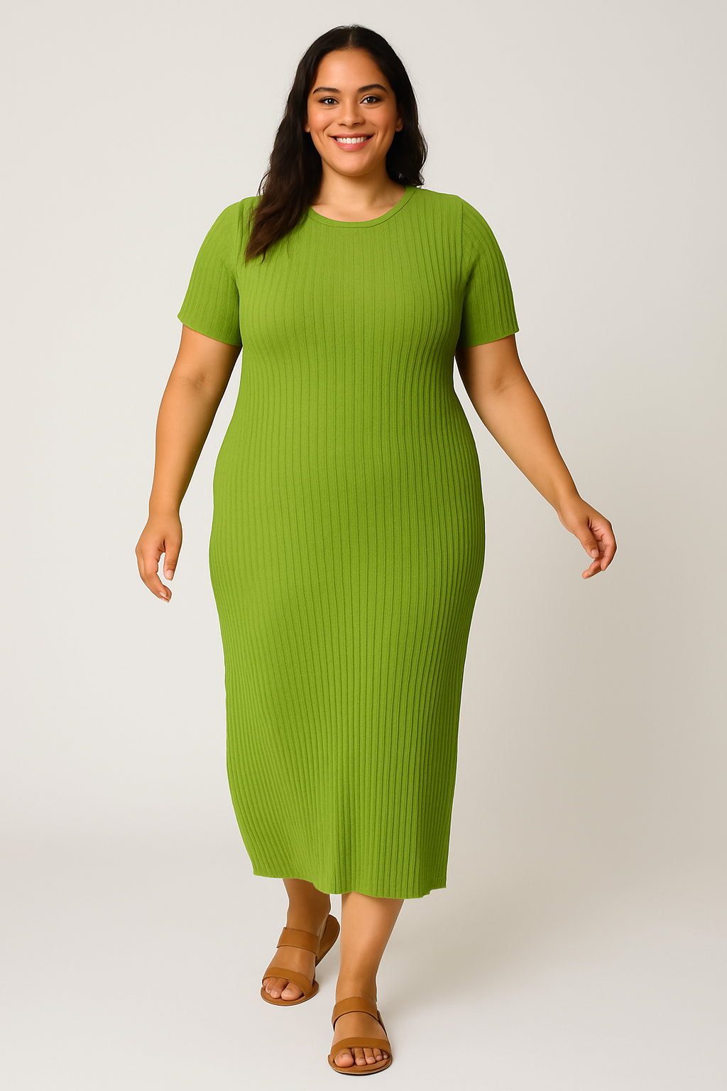 Short Sleeves Ribbed Viscose Blend Knit Extremely Stretchy Midaxi Dress