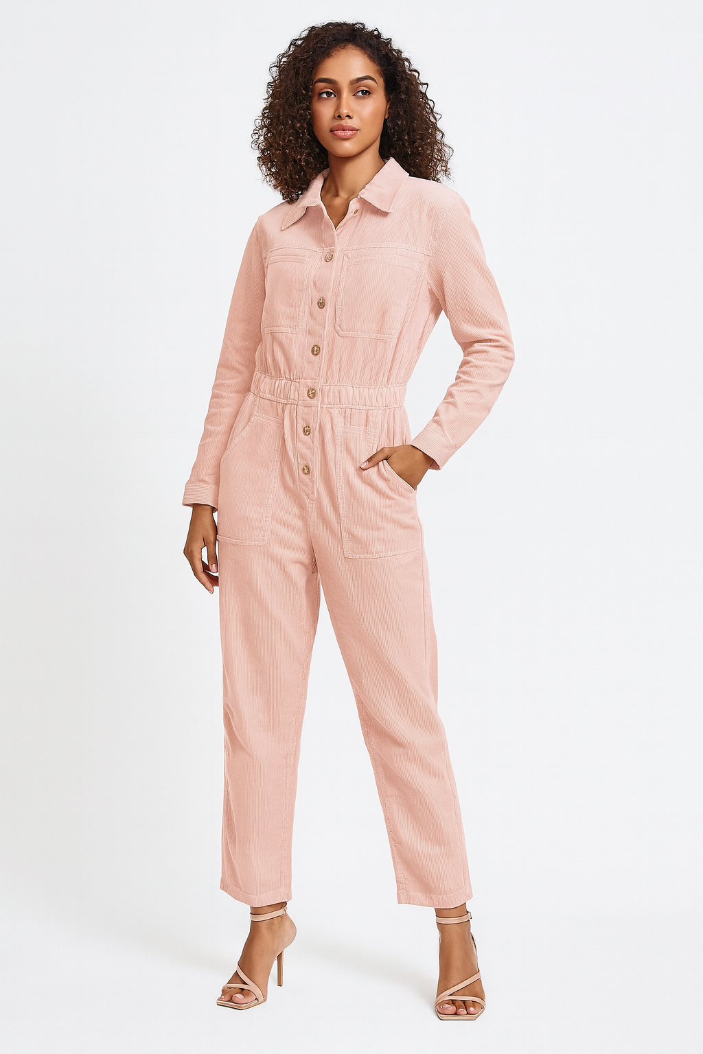 Button Down Straight Leg Pink Corduroy Jumpsuit