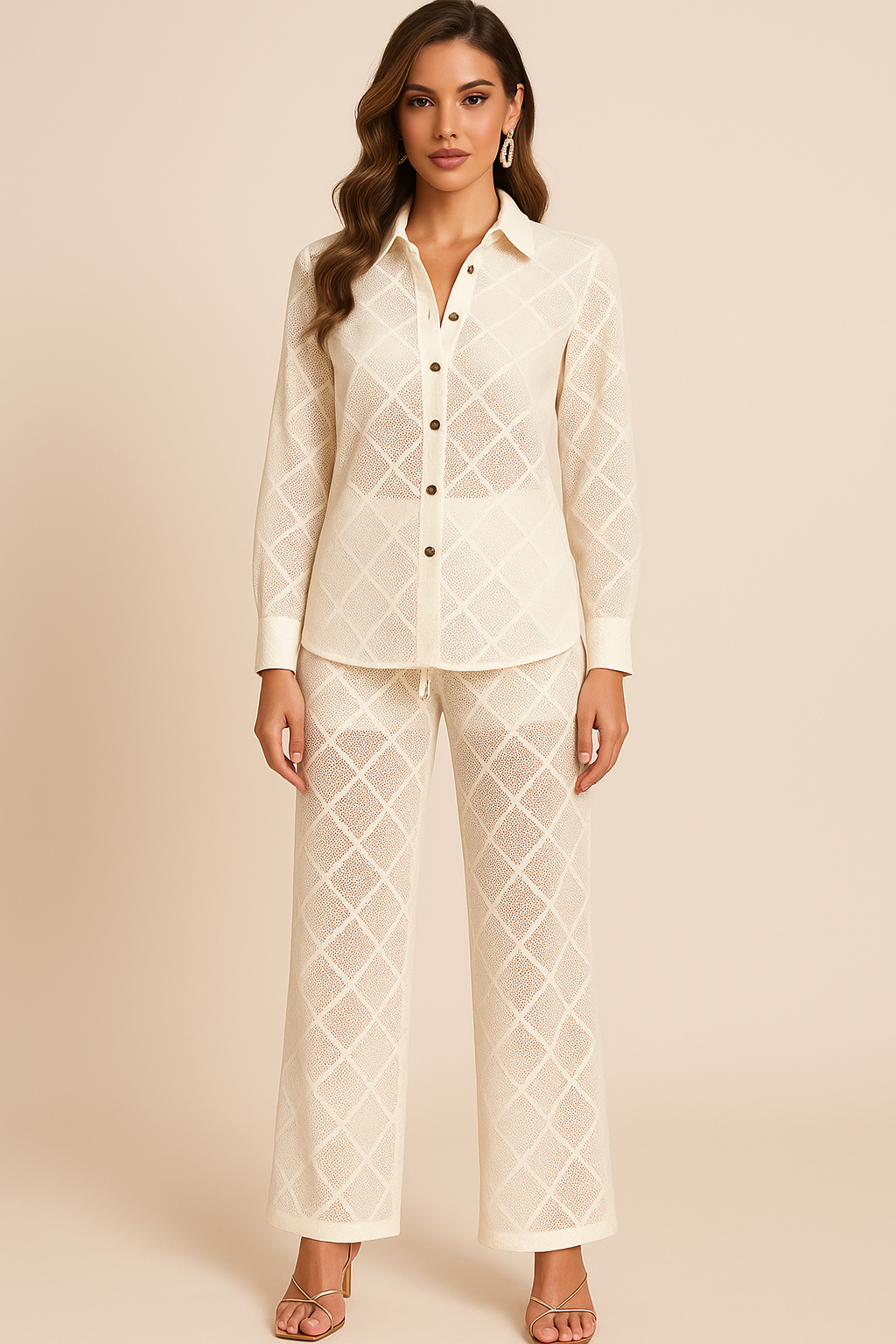 Diamond Sheer Embroidery Mesh Shirt And Trousers Coord Set
