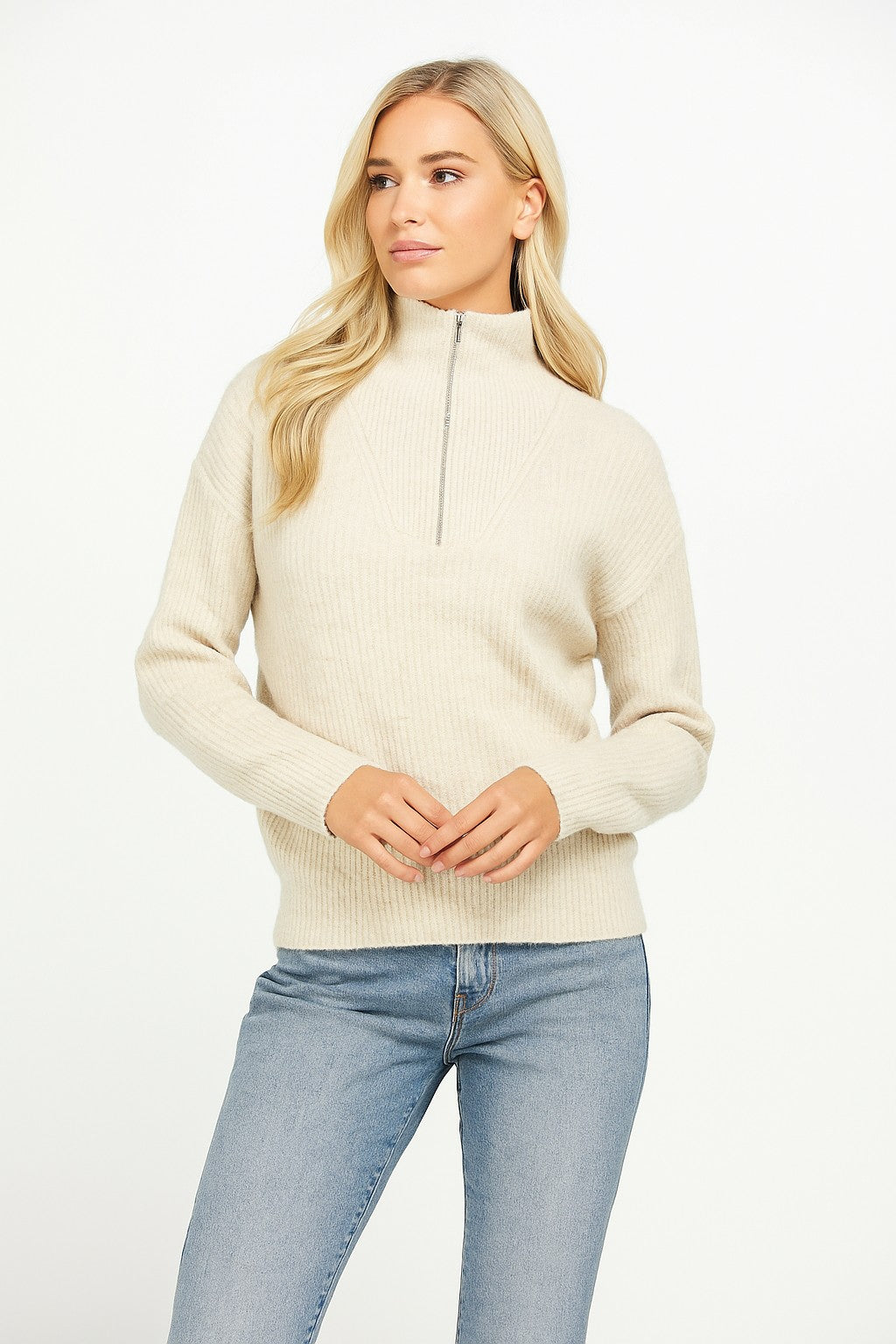 Soft Textured Rib Knit High Collar Half Zip Sweater