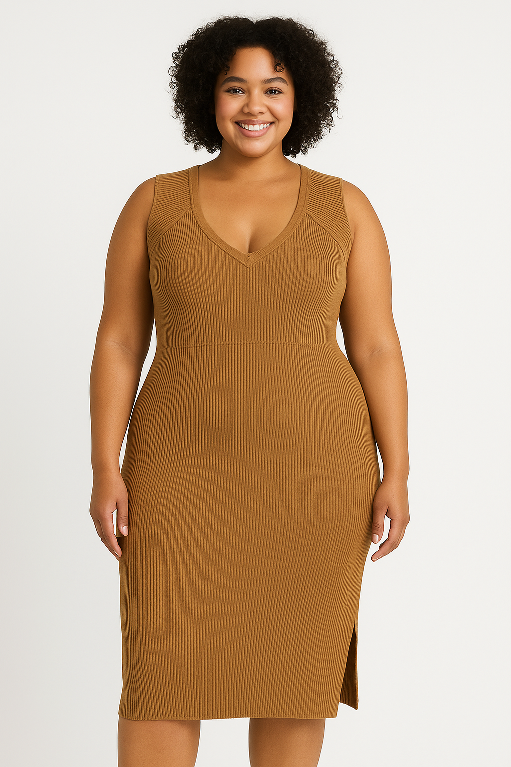Sleeveless Side Slit Ribbed Knit Extremely Stretchy Midi Bodycon Dress
