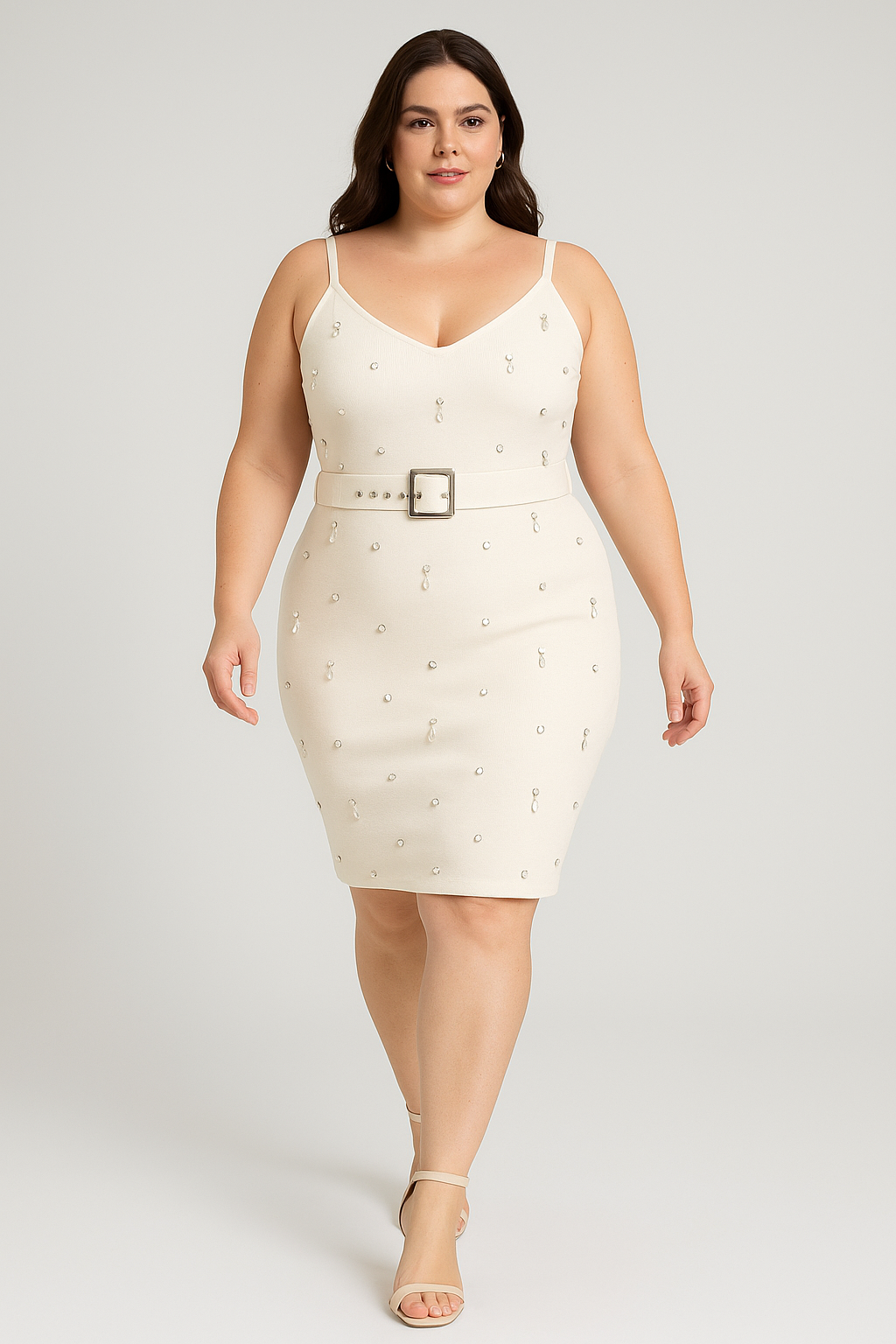Adjustable Straps Pearl Beads Viscose Blend Knit Belted Midi Dress