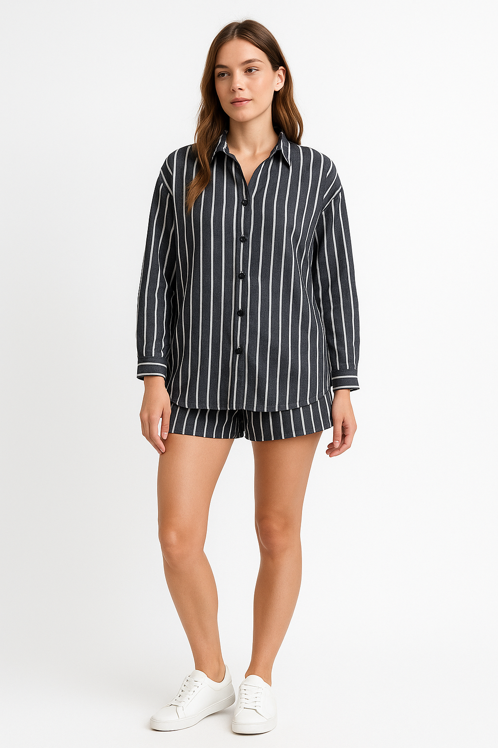 Oversized Shirt And Fitted Shorts Stripe Cotton  Coord Set