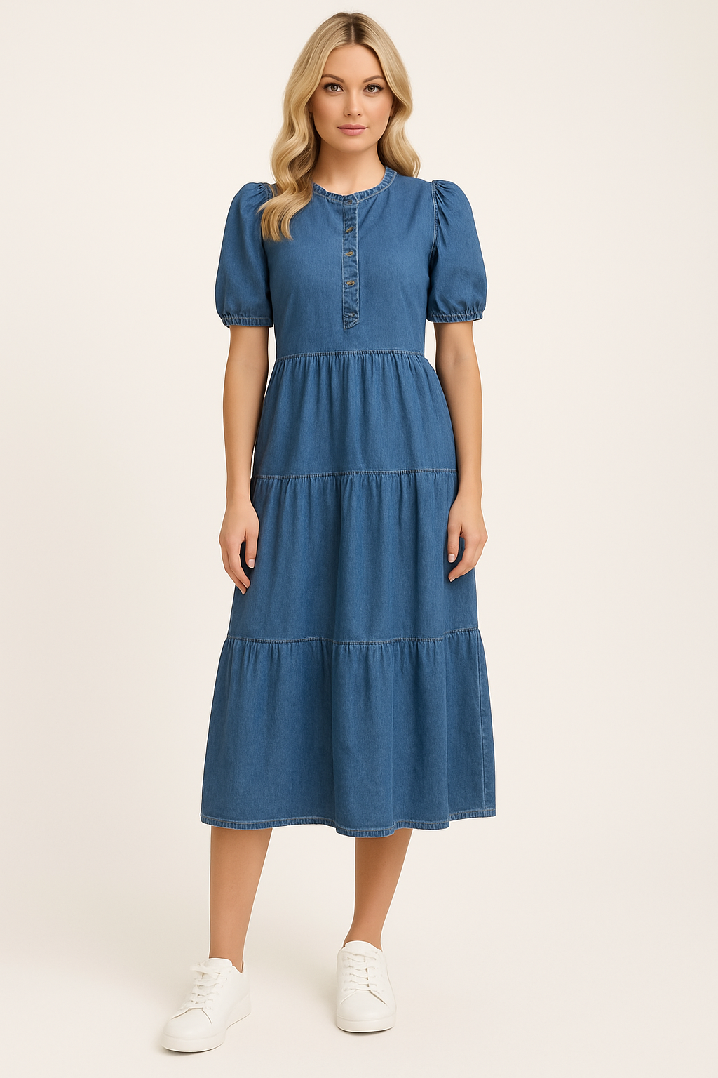 Puff Sleeve Tiered Denim Midi Dress