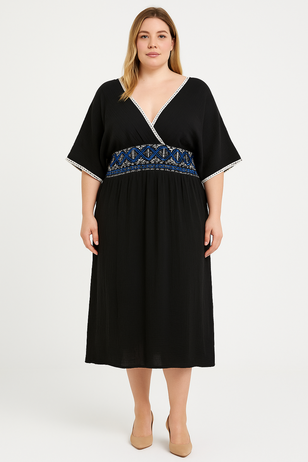 Boho Wrap Style Low Cut Neckline Side Slits Cotton Cheesecloth Midaxi Dress