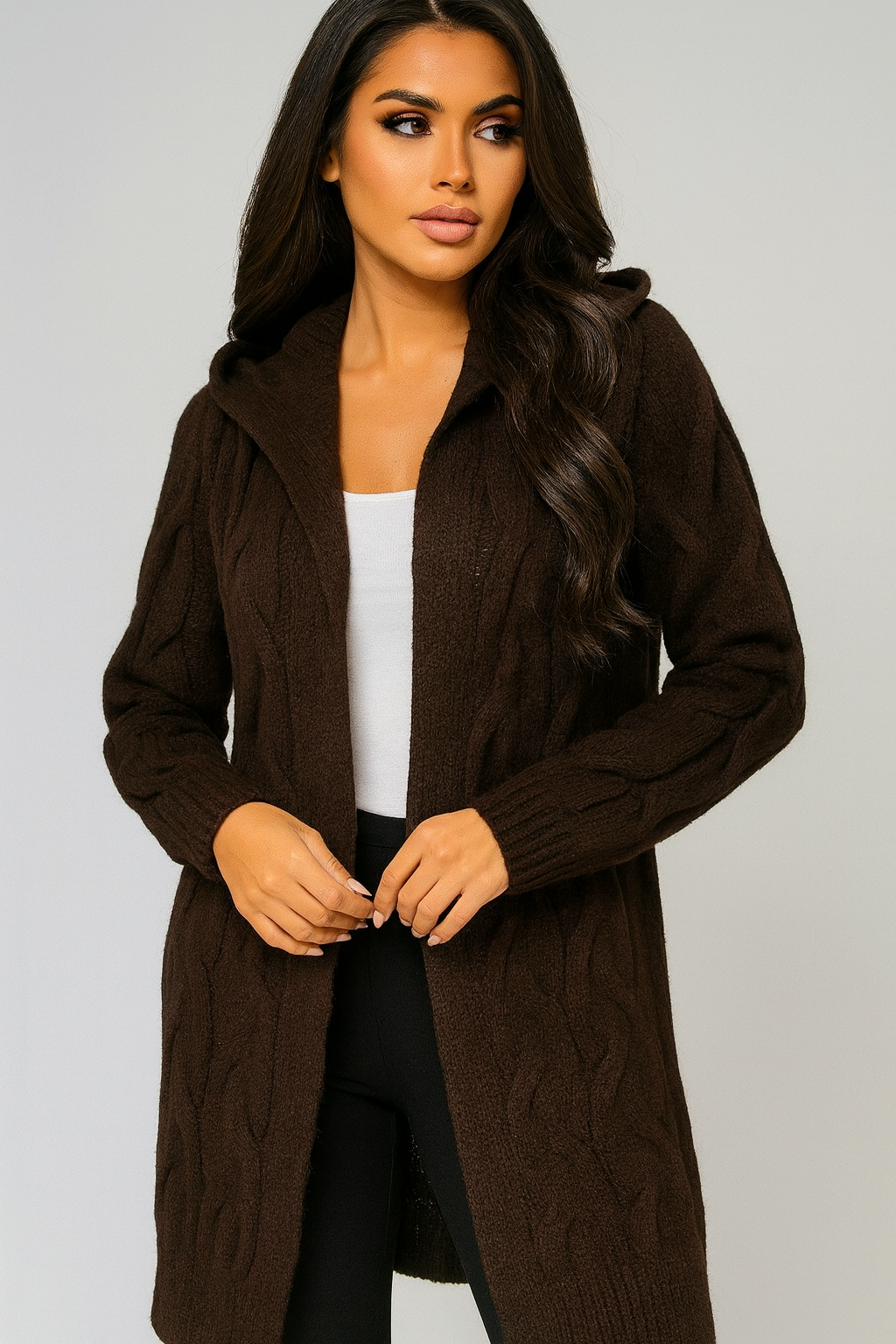 Chunky Cable Knit Hooded Longline Cardigan