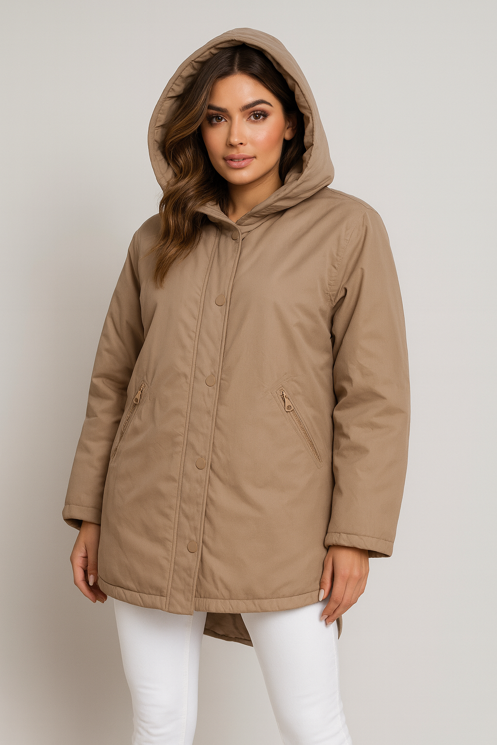 Zip And Snap Closure Relaxed Fit Hooded Midi Puffer Jacket