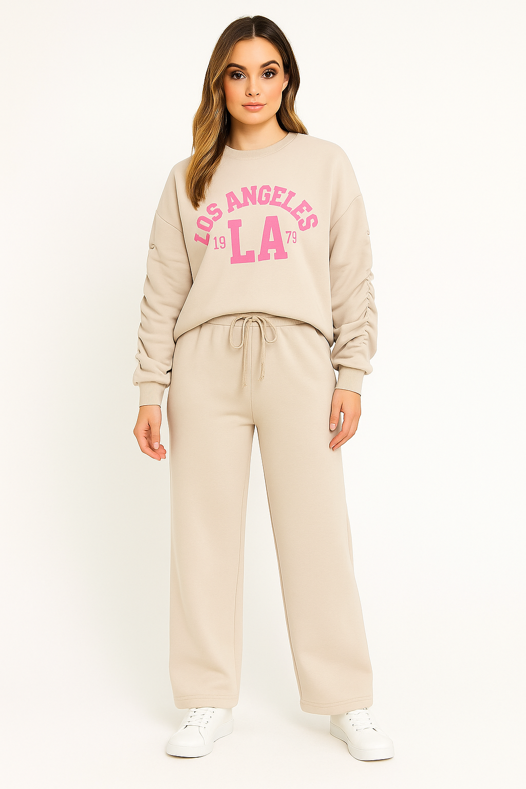 Slogan Ruched Sleeve Sweatshirt And Wide Leg Lounge Set