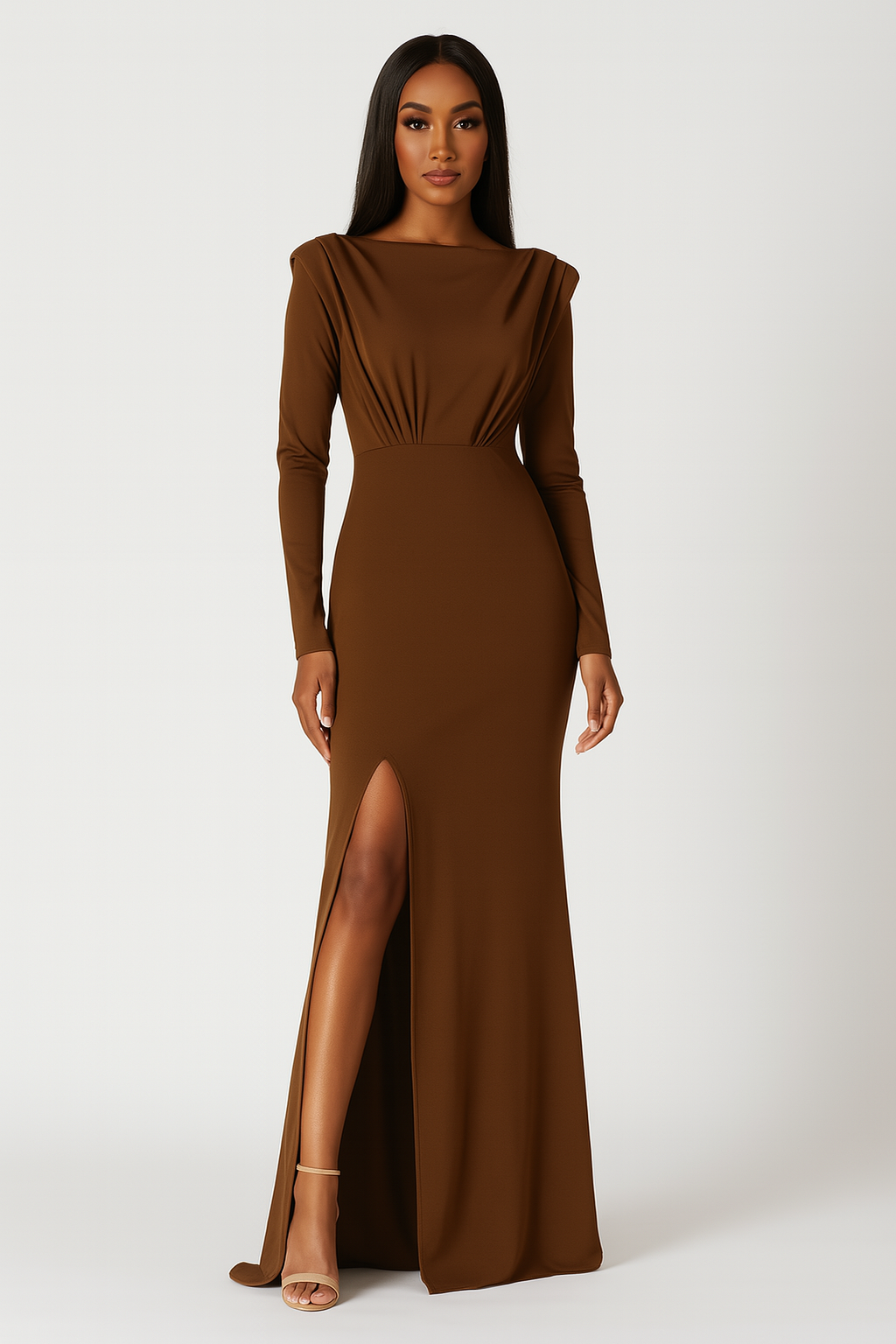 Thigh High Slit Padded Shoulder Tall Girlfriendly Glam Maxi Dress