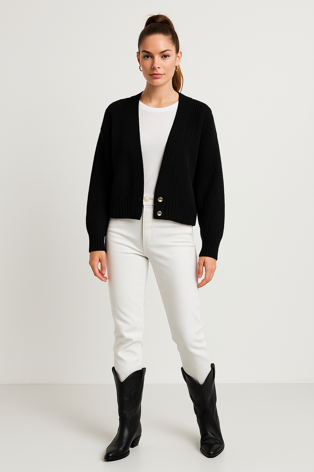 Button Detail V-Cut Neck Chunky Knit Cropped Cardigan