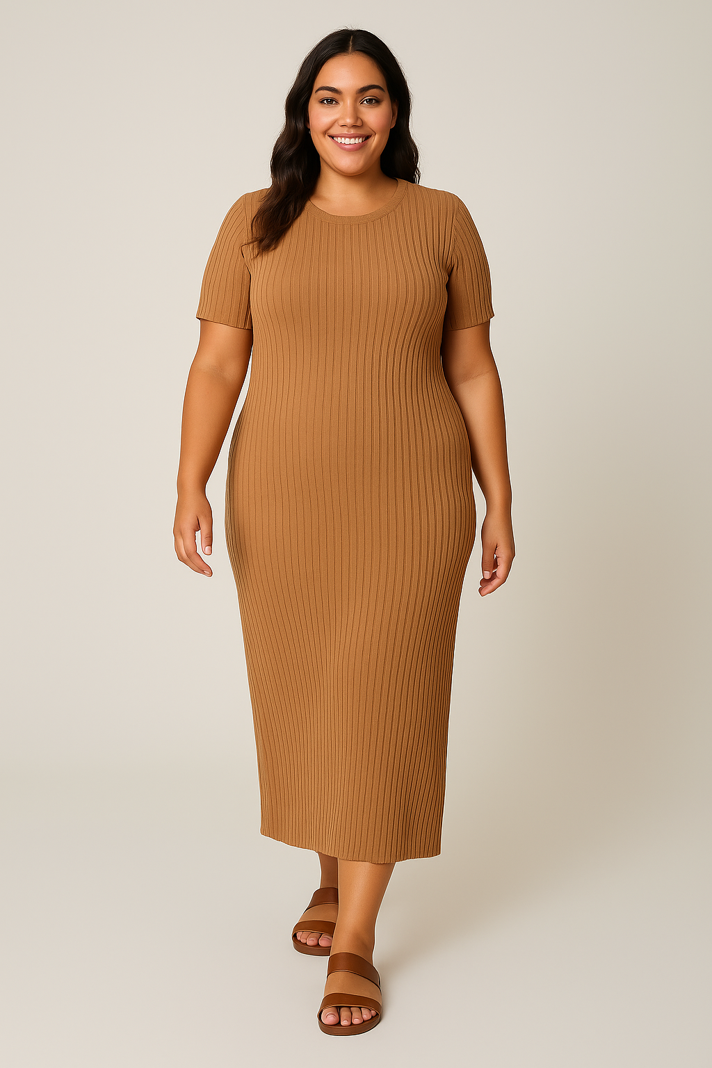 Short Sleeves Ribbed Viscose Blend Knit Extremely Stretchy Midaxi Dress