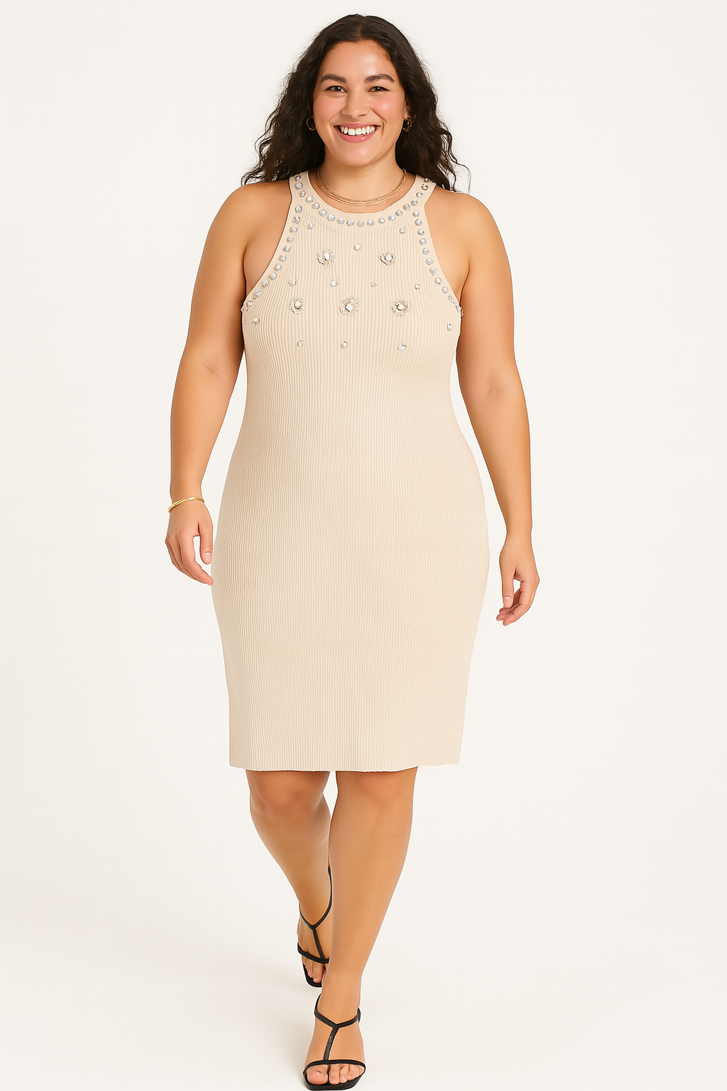Sleeveless Embellished Ribbed Viscose Blend Knit Midi Dress