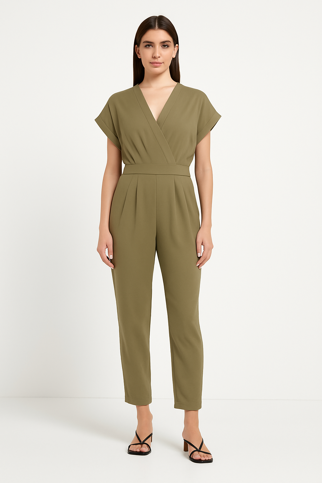 Crinkle Wrap V- Neck Tapered Leg Viscose Short Sleeve Jumpsuit